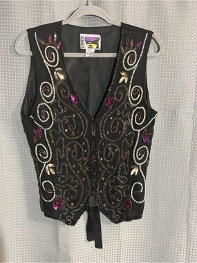 Other Destination 100% Silk Beaded Vest Sz M Glitz Glam Sequins Vintage 90s Y2K